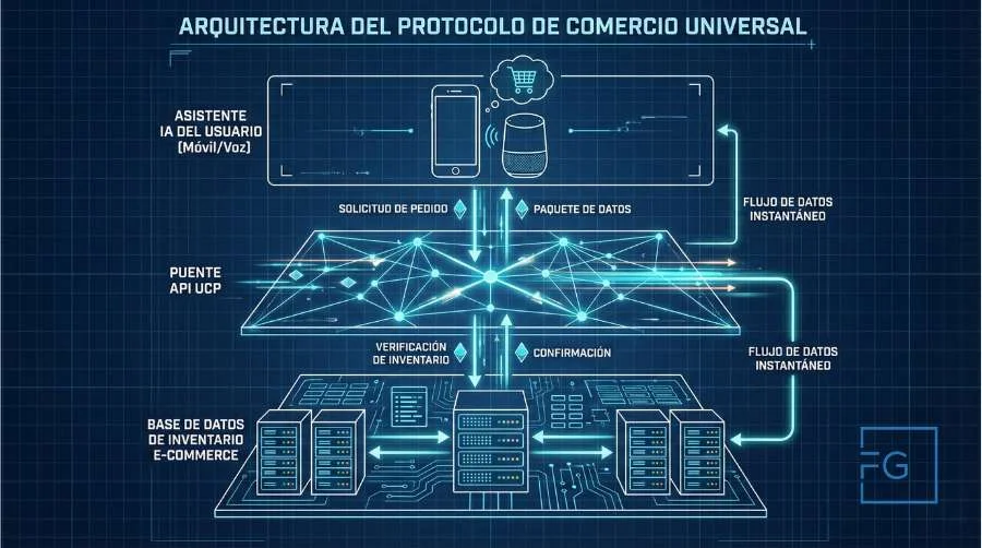 Diagrama esquemático del flujo de datos en el Universal Commerce Protocol. Muestra la conexión API entre el Asistente de Usuario (Gemini), la capa de negociación UCP y el inventario en tiempo real del Merchant Center mediante datos estructurados