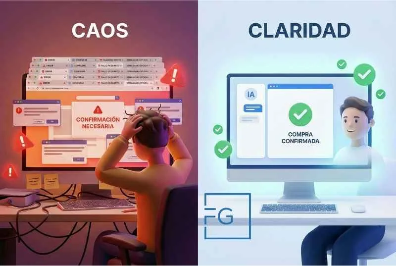 Gráfico comparativo de experiencia de usuario. Izquierda: Pantalla de ordenador caótica con múltiples pestañas de navegador abiertas (modelo antiguo). Derecha: Interfaz limpia de asistente de Inteligencia Artificial confirmando una compra automática (modelo Google UCP)