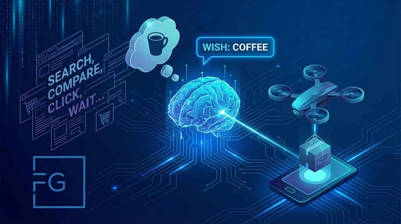 Ilustración futurista que representa el Universal Commerce Protocol (UCP), mostrando un cerebro digital (IA) conectando directamente la intención de compra del usuario con el envío del producto, eliminando la navegación web tradicional