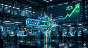 Representación de la nueva caja de búsqueda con Inteligencia Artificial de Google mostrando un gráfico SEO de crecimiento en conversiones.