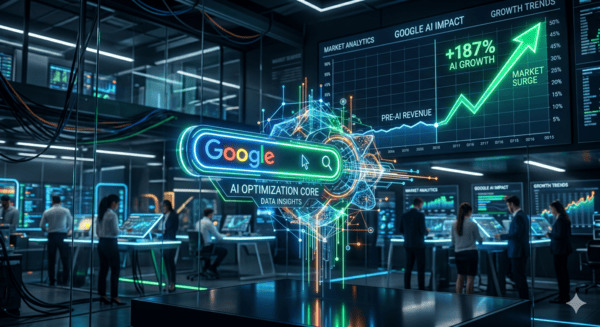 Representación de la nueva caja de búsqueda con Inteligencia Artificial de Google mostrando un gráfico SEO de crecimiento en conversiones.