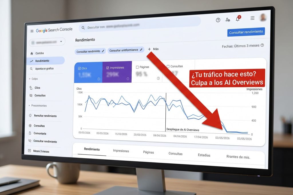 Gráfica de rendimiento en Google Search Console mostrando una caída severa de clics orgánicos tras la implementación de AI Overviews.