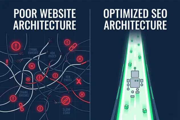 arquitectura web pobre - arquitectura seo optimizada - common crawl - Comparativa de una arquitectura web caótica frente a una infraestructura SEO optimizada para el rastreo de IA