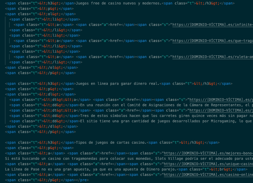 Código fuente de una web con encabezados y enlaces de casino ocultos al usuario pero visibles para Google